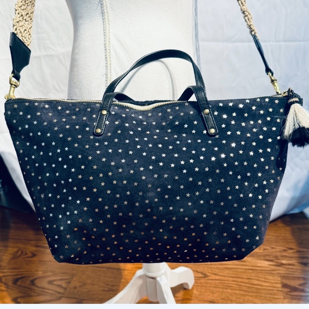 Black Star-Print Tote Bag with Tassel